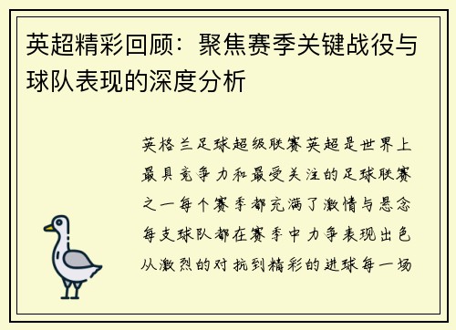 英超精彩回顾：聚焦赛季关键战役与球队表现的深度分析