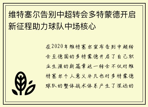 维特塞尔告别中超转会多特蒙德开启新征程助力球队中场核心