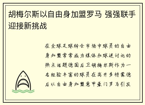 胡梅尔斯以自由身加盟罗马 强强联手迎接新挑战